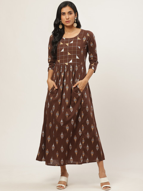 

Nayo Women Brown & Golden Ethnic Printed Maxi Dress
