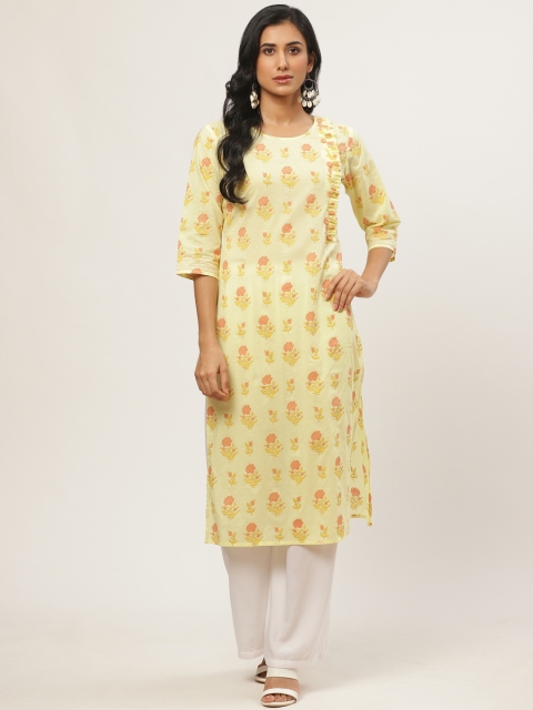

Nayo Women Yellow & Peach-Coloured Floral Printed Straight Kurta