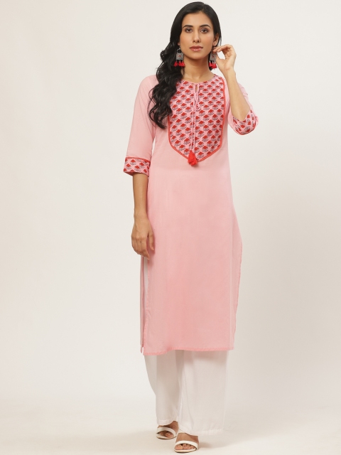 

Nayo Women Pink & Red Ethnic Yoke Design Straight Kurta