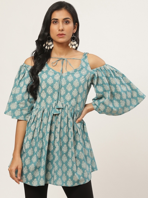 

Nayo Women Teal Blue & Golden Ethnic Printed Cold-Shoulder Tunic