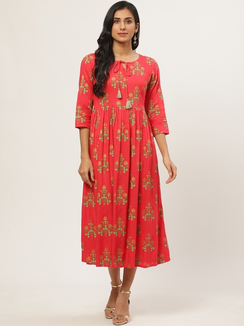 

Nayo Women Coral Red & Green Ethnic Printed A-Line Dress