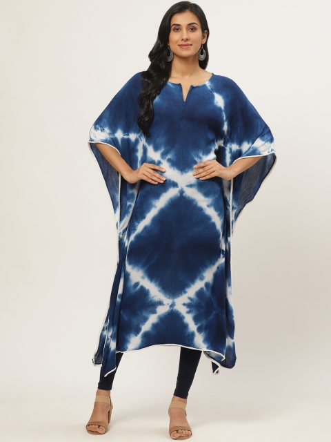 

Nayo Women Navy Blue & White Bandhani Dyed Asymmetric Kaftan Kurta