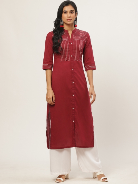 

Nayo Women Maroon & White Yoke Design Straight Kurta