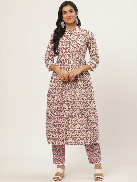 

Nayo Women White & Pink Floral Printed Kurta with Trousers
