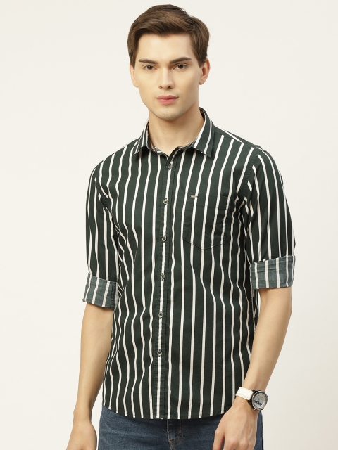 

Lee Cooper Men Green & White Regular Fit Pure Cotton Striped Casual Shirt