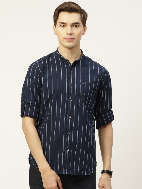 

Lee Cooper Men Navy Blue & White Regular Fit Striped Pure Cotton Casual Shirt
