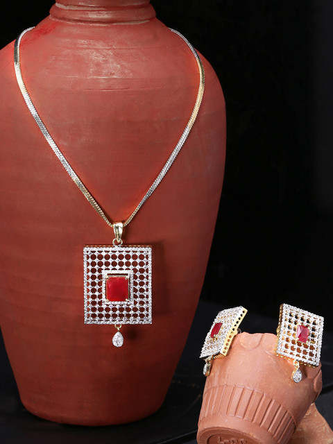

Yellow Chimes Gold Plated White & Red AD Studded Jewellery Set