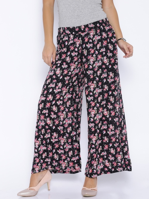 

Park Avenue Woman Black & Pink Floral Print Palazzo Trousers