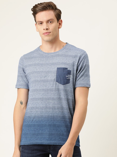 

Lee Cooper Men Blue Self Design Round Neck Pure Cotton T-shirt with Pocket Detailing