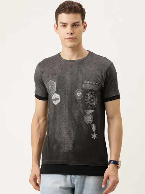 

YWC Men Charcoal Grey Printed Round Neck Layered T-shirt