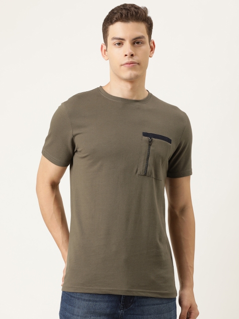 

YWC Men Olive Green Solid Round Neck T-shirt