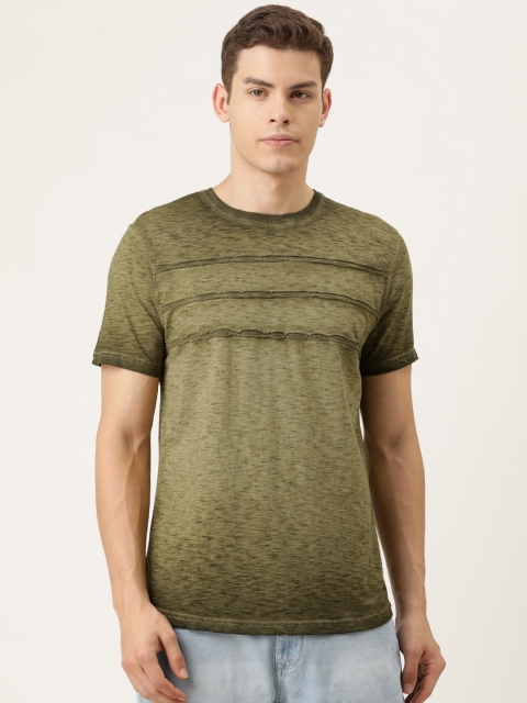 

YWC Men Olive Green Self-Striped Round Neck T-shirt