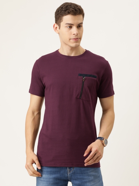 

YWC Men Burgundy Solid Round Neck T-shirt