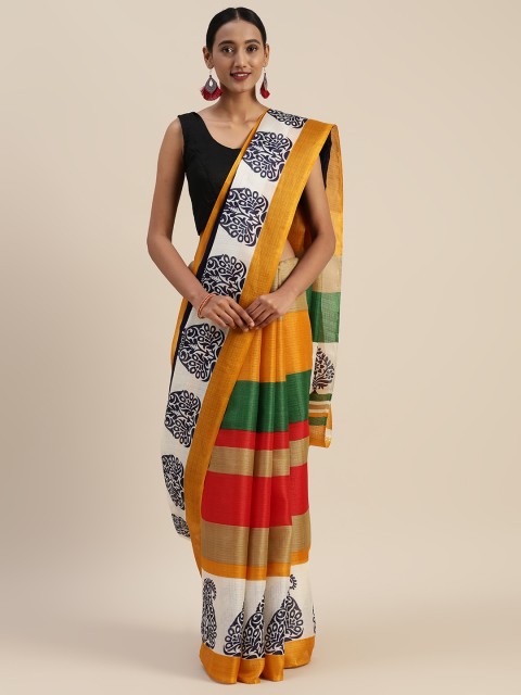 

Sharaa ETHNICA Mustard & Red Art Silk Striped Bhagalpuri Saree