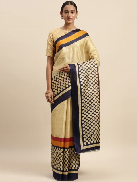 

Sharaa ETHNICA Beige & Navy Blue Art Silk Printed Bhagalpuri Saree