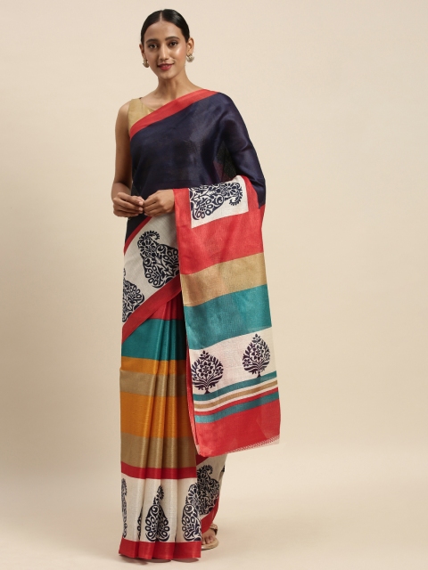 

Sharaa ETHNICA Navy Blue & Red Art Silk Striped Bhagalpuri Saree