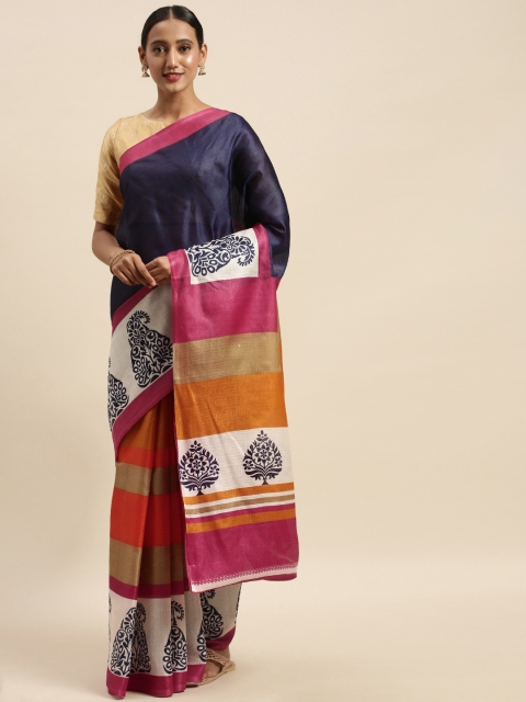 

Sharaa ETHNICA Pink & Black Art Silk Printed Bhagalpuri Saree