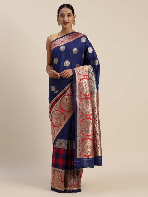 

Sharaa ETHNICA Navy Blue & Gold-Toned Silk Blend Woven Design Kanjeevaram Saree