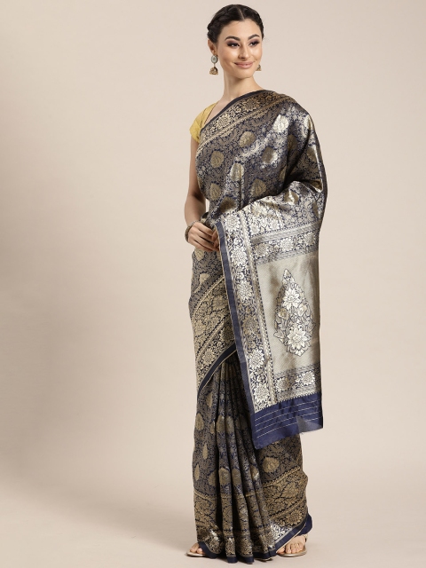 

Sharaa ETHNICA Blue & Gold-Toned Silk Blend Printed Kanjeevaram Saree