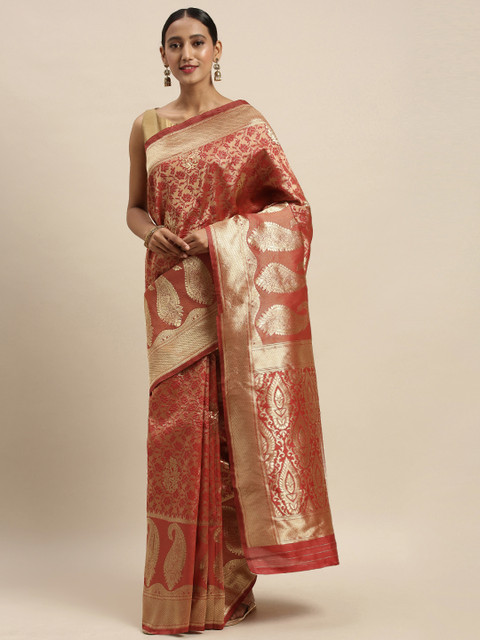 

Sharaa ETHNICA Red & Gold-Toned Silk Blend Woven Design Kanjeevaram Saree