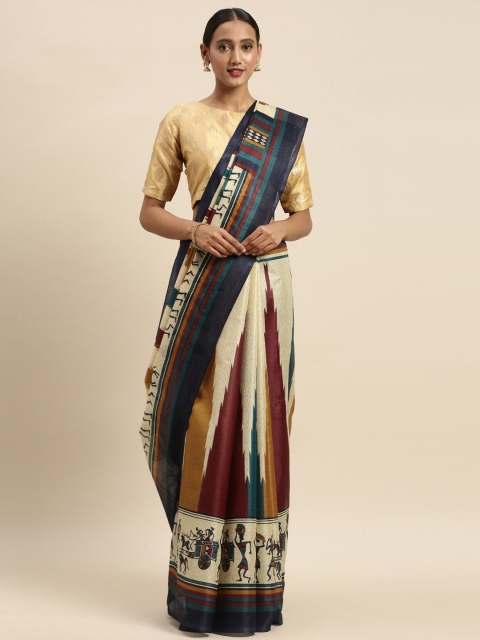 

Sharaa ETHNICA Cream-Coloured & Navy Blue Art Silk Printed Bhagalpuri Saree