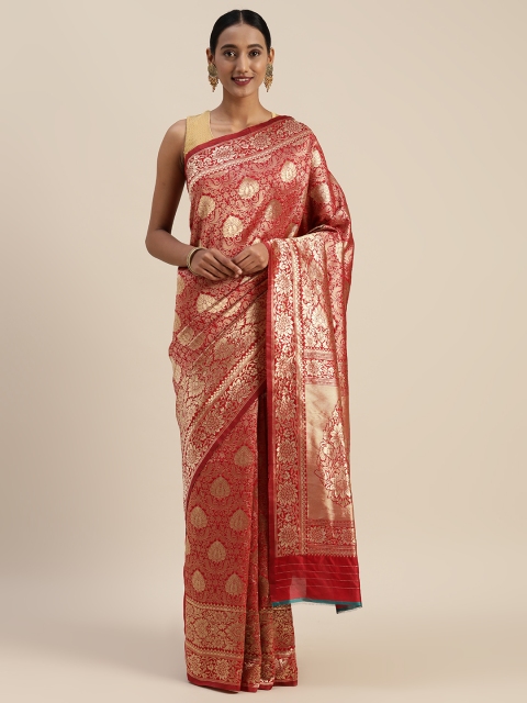 

Sharaa ETHNICA Red & Gold-Toned Silk Blend Woven Design Kanjeevaram Saree
