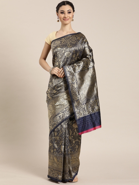 

Sharaa ETHNICA Navy Blue & Gold-Coloured Silk Blend Woven Design Kanjeevaram Saree