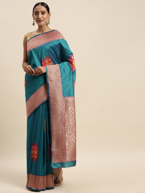 

Sharaa ETHNICA Turquoise Blue & Pink Silk Blend Woven Design Kanjeevaram Saree