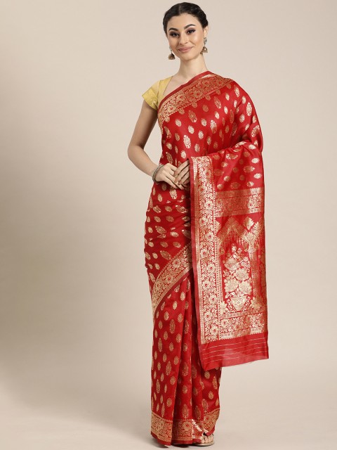

Sharaa ETHNICA Red & Gold-Toned Silk Blend Printed Kanjeevaram Saree