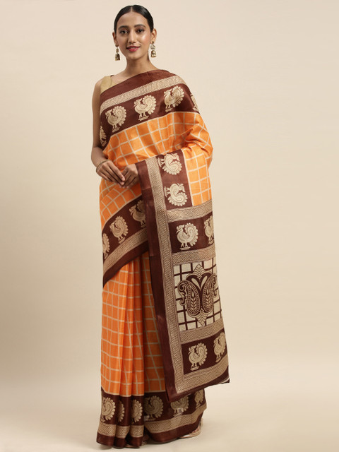 

Sharaa ETHNICA Orange & Coffee Brown Art Silk Checked Bhagalpuri Saree