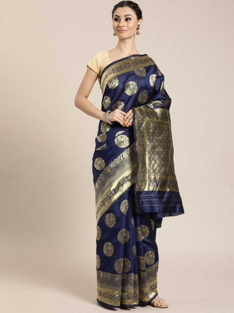 

Sharaa ETHNICA Navy Blue & Gold-Coloured Silk Blend Woven Design Kanjeevaram Saree