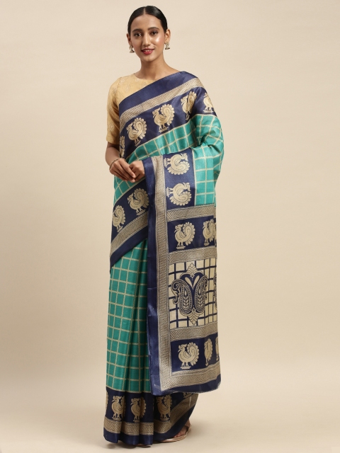 

Sharaa ETHNICA Sea Green & Navy Blue Art Silk Checked Bhagalpuri Saree