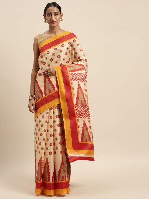 

Sharaa ETHNICA Cream-Coloured & Red Art Silk Printed Bhagalpuri Saree