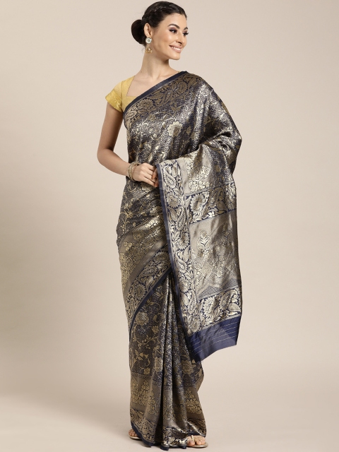 

Sharaa ETHNICA Blue & Gold-Toned Silk Blend Printed Kanjeevaram Saree