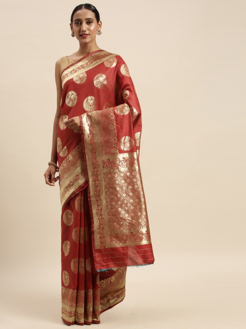 

Sharaa ETHNICA Red & Golden Silk Blend Woven Design Kanjeevaram Saree