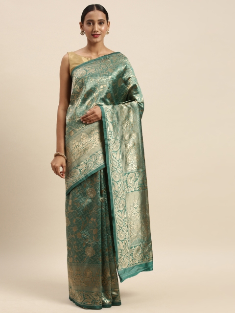 

Sharaa ETHNICA Turquoise Blue & Golden Silk Blend Woven Design Kanjeevaram Saree