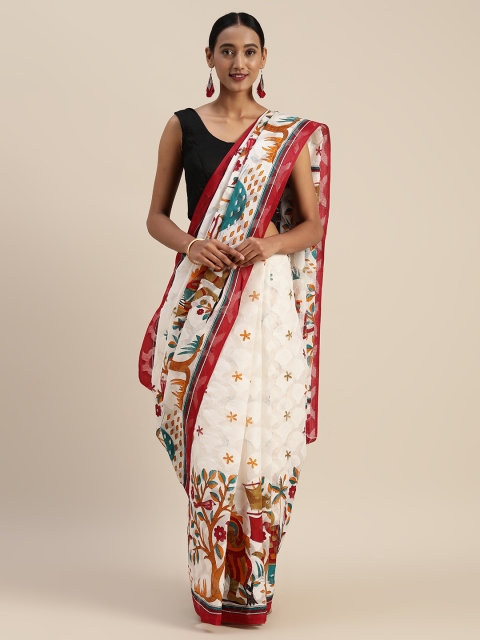 

Sharaa ETHNICA White & Red Cotton Blend Printed Chanderi Saree