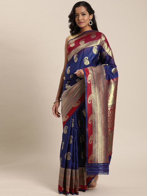 

Sharaa ETHNICA Blue & Gold-Toned Silk Blend Woven Design Kanjeevaram Saree