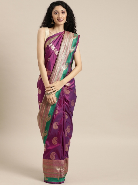 

Sharaa ETHNICA Purple & Gold-Toned Silk Blend Woven Design Kanjeevaram Saree