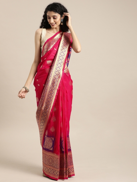 

Sharaa ETHNICA Coral Pink & Golden Silk Blend Woven Design Kanjeevaram Saree