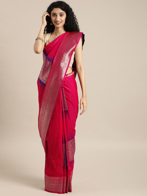 

Sharaa ETHNICA Pink & Golden Silk Blend Woven Design Kanjeevaram Saree
