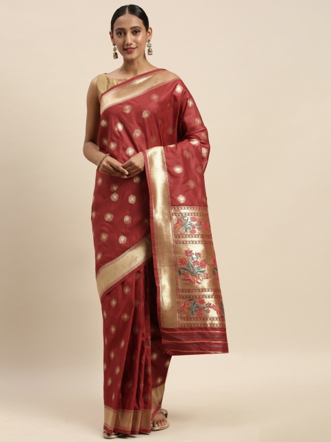 

Sharaa ETHNICA Maroon & Gold-Coloured Silk Blend Woven Design Kanjeevaram Saree