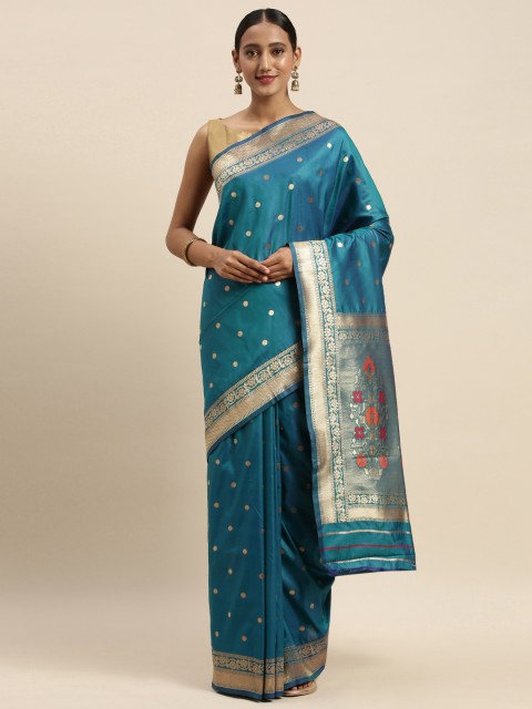 

Sharaa ETHNICA Turquoise Blue & Gold-Coloured Silk Blend Woven Design Kanjeevaram Saree