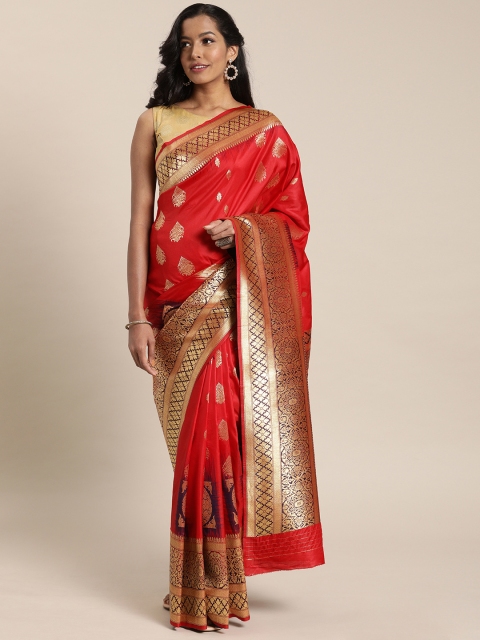 

Sharaa ETHNICA Red & Gold-Toned Silk Blend Woven Design Kanjeevaram Saree