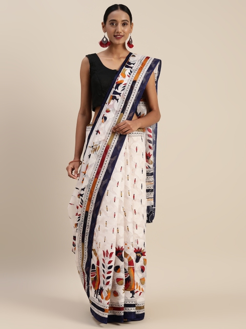 

Sharaa ETHNICA White & Navy Blue Cotton Blend Printed Chanderi Saree