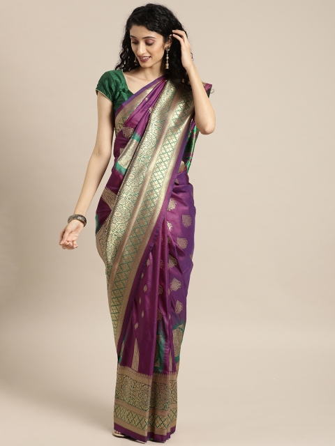 

Sharaa ETHNICA Purple & Gold-Toned Silk Blend Woven Design Kanjeevaram Saree