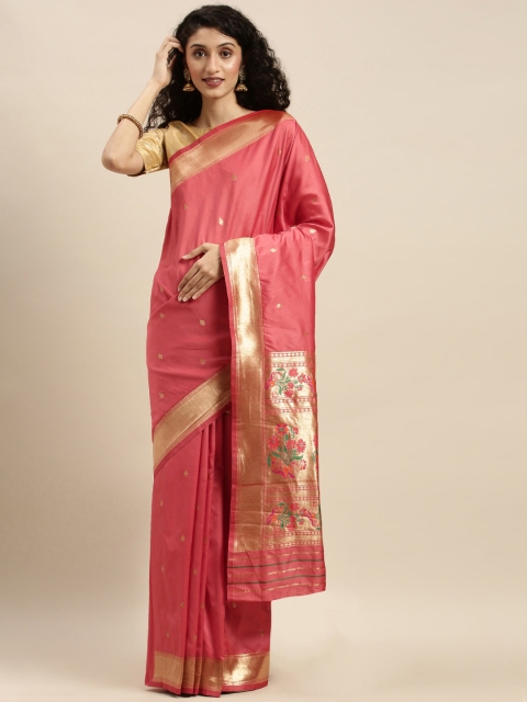 

Sharaa ETHNICA Pink & Gold-Toned Silk Blend Woven Design Kanjeevaram Saree