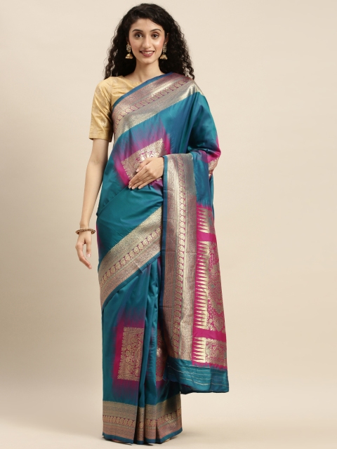 

Sharaa ETHNICA Blue & Gold-Toned Silk Blend Woven Design Kanjeevaram Saree