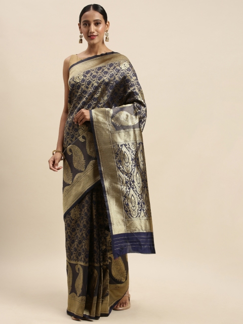 

Sharaa ETHNICA Navy Blue & Gold-Toned Silk Blend Woven Design Kanjeevaram Saree