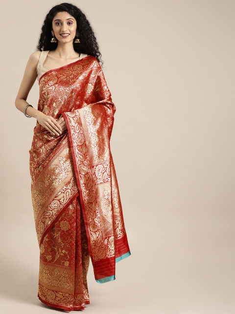 

Sharaa ETHNICA Red & Golden Silk Blend Woven Design Kanjeevaram Saree